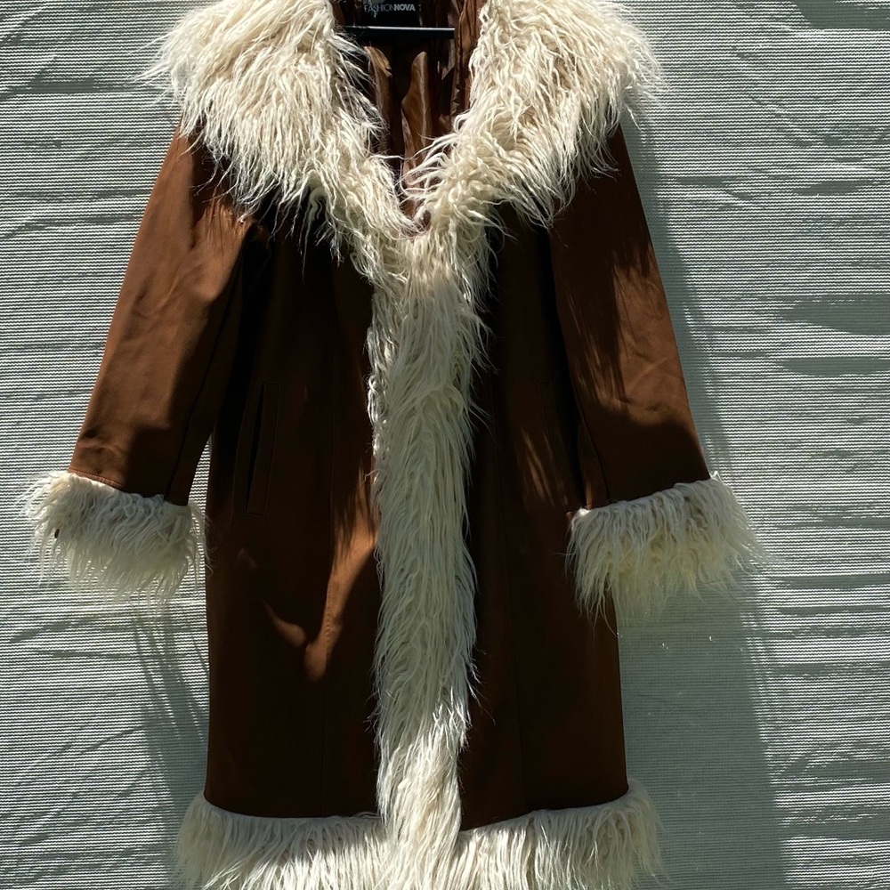 Fashion Nova Brown and Cream Teddy Jacket with Plush Fur Trim
